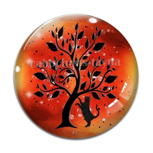 Cabochon arbre de vie et chat, cabochon résine - ou verre rond différente taille