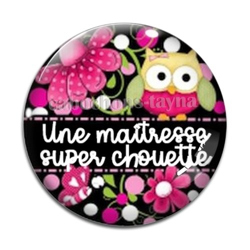 Cabochon une maîtresse super chouette, cabochon résine, verre rond différente taille