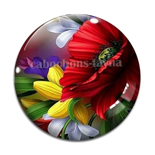 Cabochon fleur coquelicot, cabochon résine, verre rond différente taille