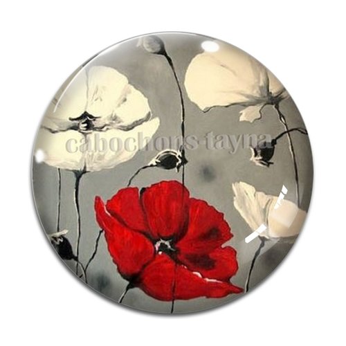 Cabochon fleur coquelicot, cabochon résine, verre rond différente taille