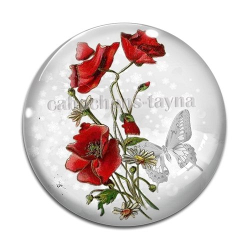 Cabochon fleur coquelicot, cabochon résine, verre rond différente taille