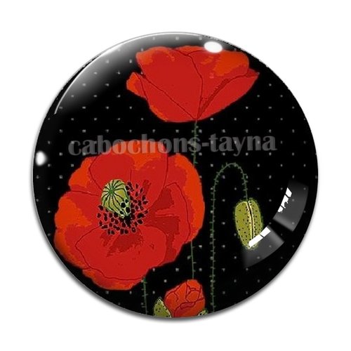 Cabochon fleur coquelicot, cabochon résine, verre rond différente taille