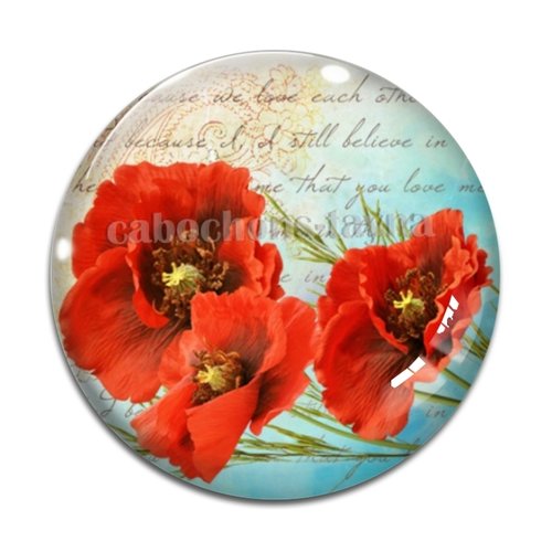 Cabochon fleur coquelicot, cabochon résine, verre rond différente taille