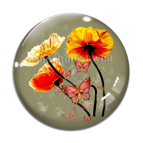 Cabochon fleur coquelicot, cabochon résine, verre rond différente taille