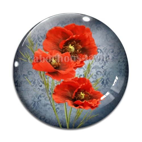 Cabochon fleur coquelicot, cabochon résine, verre rond différente taille