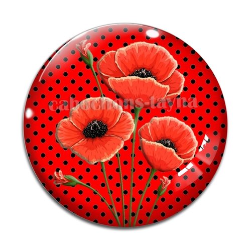 Cabochon fleur coquelicot, cabochon résine, verre rond différente taille