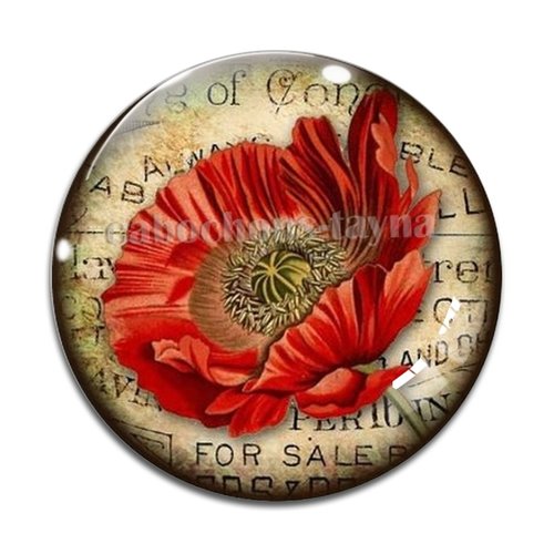 Cabochon fleur coquelicot, cabochon résine, verre rond différente taille