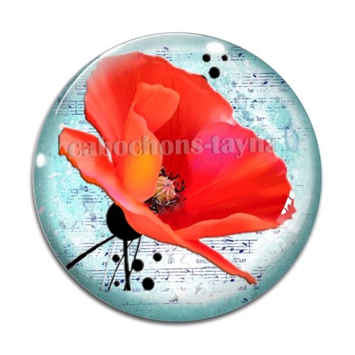 Cabochon fleur coquelicot, cabochon résine, verre rond différente taille