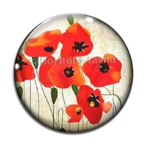 Cabochon fleur coquelicot, cabochon résine, verre rond différente taille