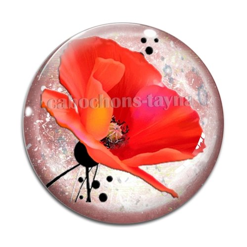 Cabochon fleur coquelicot, cabochon résine, verre rond différente taille