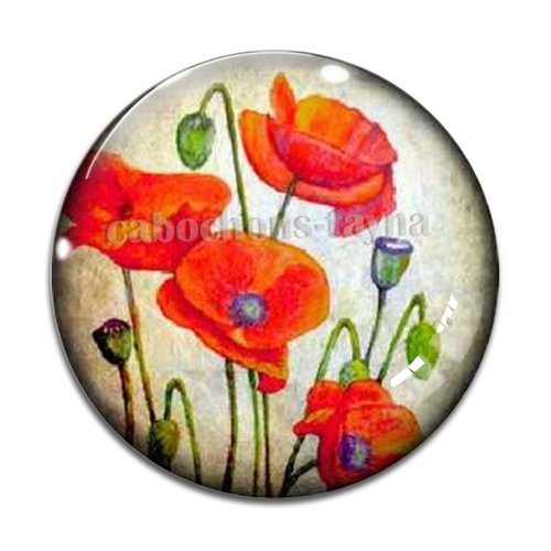 Cabochon fleur coquelicot, cabochon résine, verre rond différente taille
