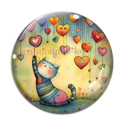 Cabochon chat coeur, cabochon résine ou verre rond différente taille