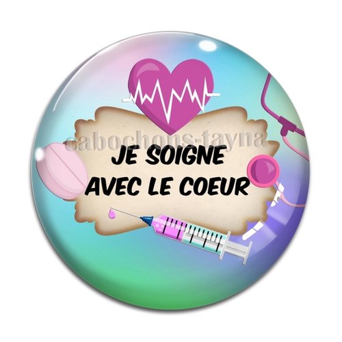 Cabochon je soigne avec le coeur, cabochon résine ou verre rond différente taille
