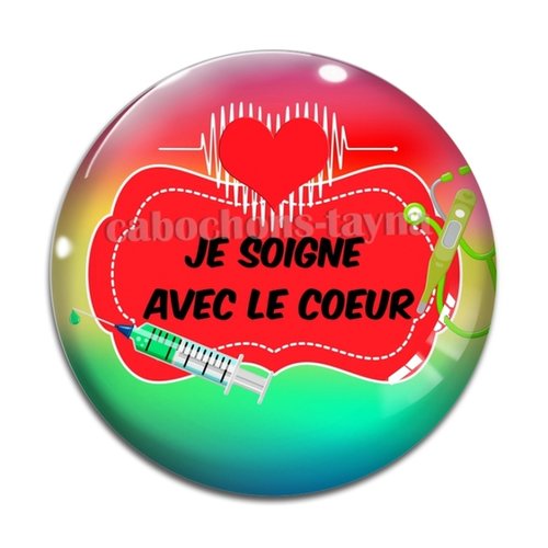 Cabochon je soigne avec le coeur, cabochon résine ou verre rond différente taille