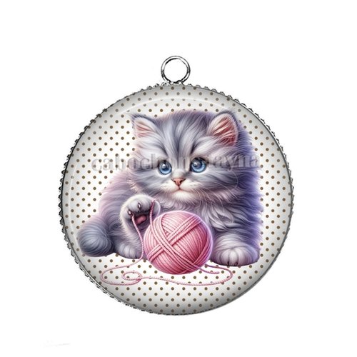 Pendentif chaton, cabochon 25 mm résine