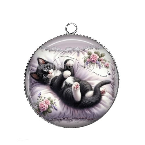 Pendentif chaton, cabochon 25 mm résine