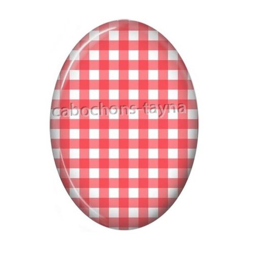 Cabochon carreaux rouge et blanc ovale, résine ou verre