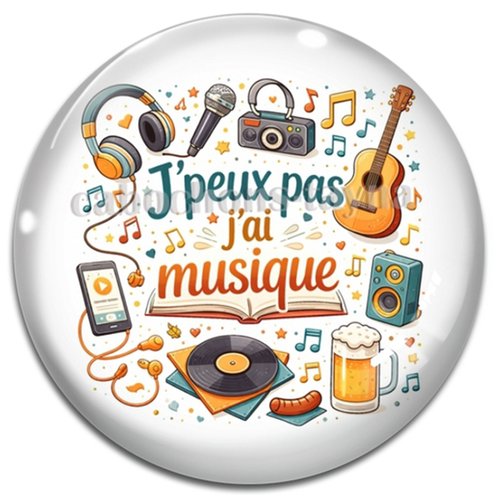 Cabochon j'peux pas j'ai musique, résine ou verre