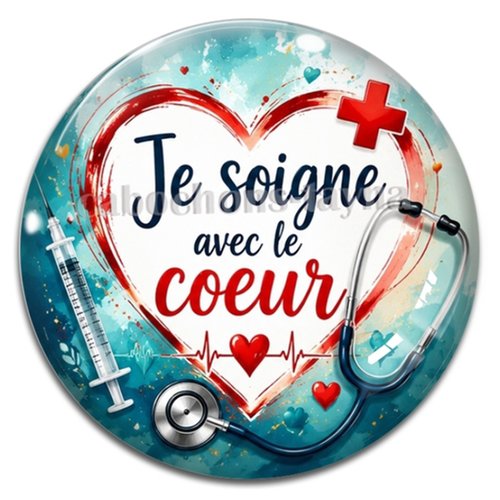 Cabochon je soigne avec mon coeur, résine ou verre rond différente taille