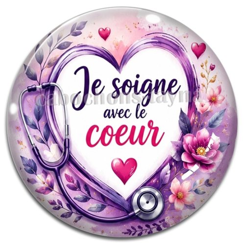 Cabochon je soigne avec mon coeur, résine ou verre rond différente taille
