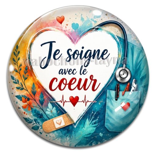 Cabochon je soigne avec mon coeur, résine ou verre rond différente taille