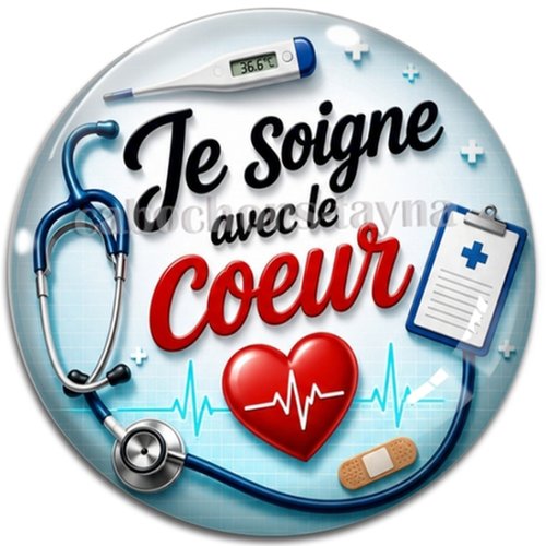 Cabochon je soigne avec mon coeur, résine ou verre rond différente taille