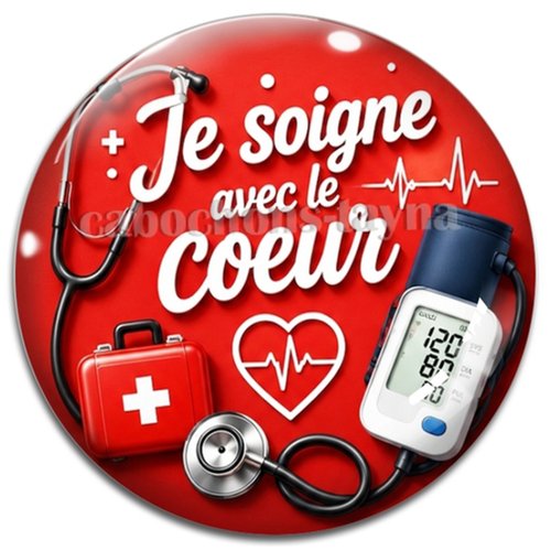 Cabochon je soigne avec mon coeur, résine ou verre rond différente taille
