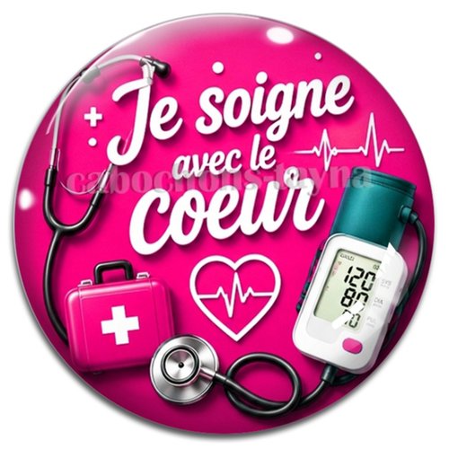 Cabochon je soigne avec mon coeur, résine ou verre rond différente taille
