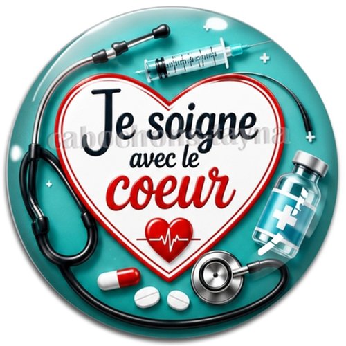 Cabochon je soigne avec mon coeur, résine ou verre rond différente taille