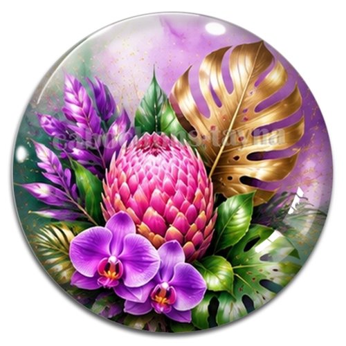Cabochon fleurs exotiques, résine ou verre rond différente taille