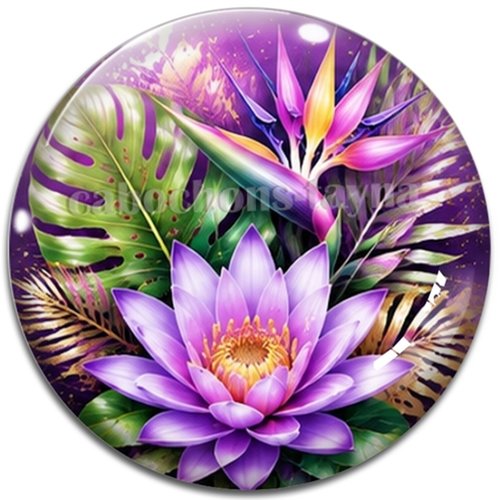 Cabochon fleurs exotiques, résine ou verre rond différente taille