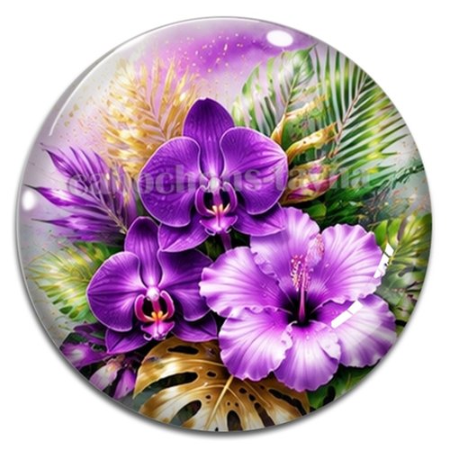 Cabochon fleurs exotiques, résine ou verre rond différente taille