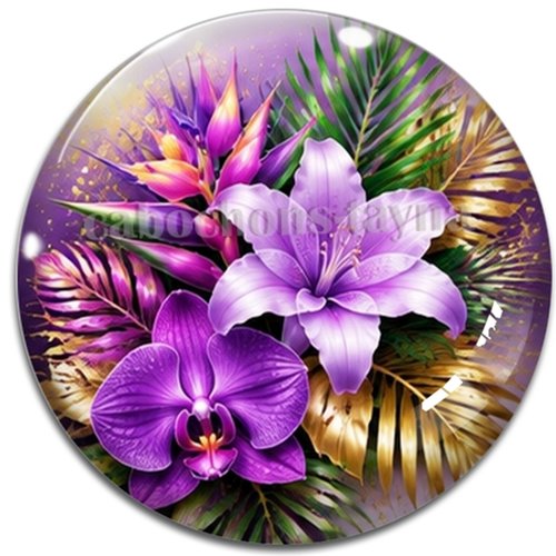 Cabochon fleurs exotiques, résine ou verre rond différente taille