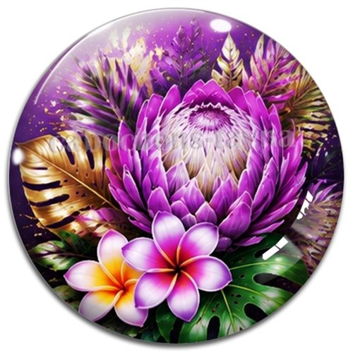 Cabochon fleurs exotiques, résine ou verre rond différente taille