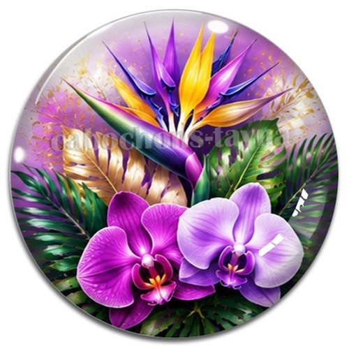 Cabochon fleurs exotiques, résine ou verre rond différente taille