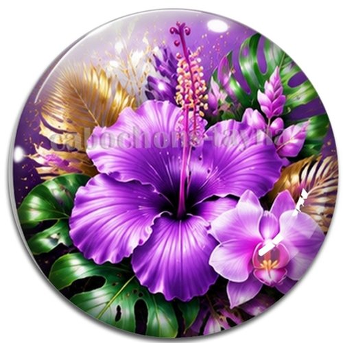 Cabochon fleurs exotiques, résine ou verre rond différente taille