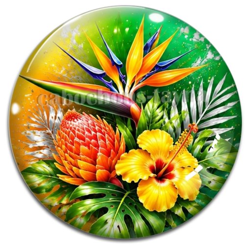 Cabochon fleurs exotiques, résine ou verre rond différente taille