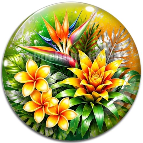 Cabochon fleurs exotiques, résine ou verre rond différente taille