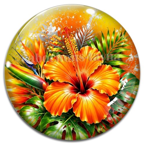 Cabochon fleurs exotiques, résine ou verre rond différente taille