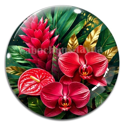 Cabochon fleurs exotiques, résine ou verre rond différente taille