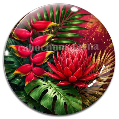 Cabochon fleurs exotiques, résine ou verre rond différente taille