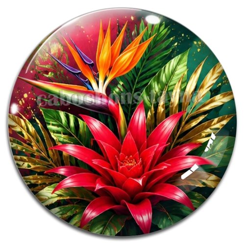 Cabochon fleurs exotiques, résine ou verre rond différente taille