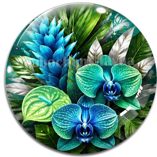 Cabochon fleurs exotiques, résine ou verre rond différente taille