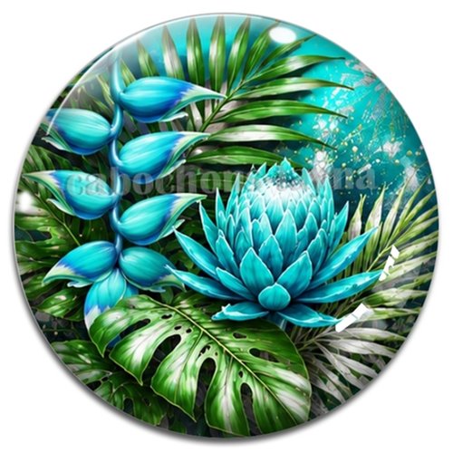 Cabochon fleurs exotiques, résine ou verre rond différente taille