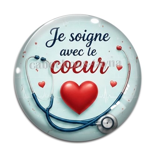 Cabochon je soigne avec mon coeur, résine ou verre rond différente taille