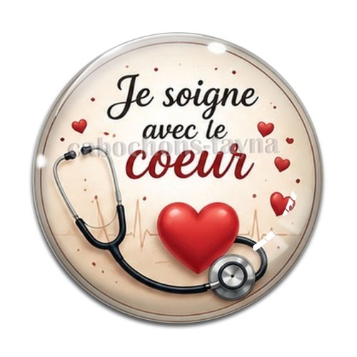 Cabochon je soigne avec mon coeur, résine ou verre rond différente taille