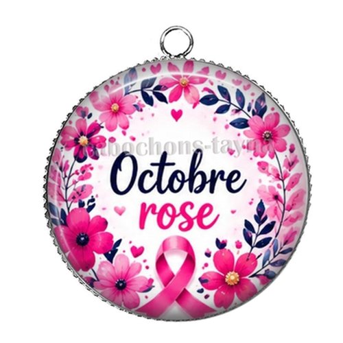Pendentif octobre rose, pendentif cabochon 25 mm résine