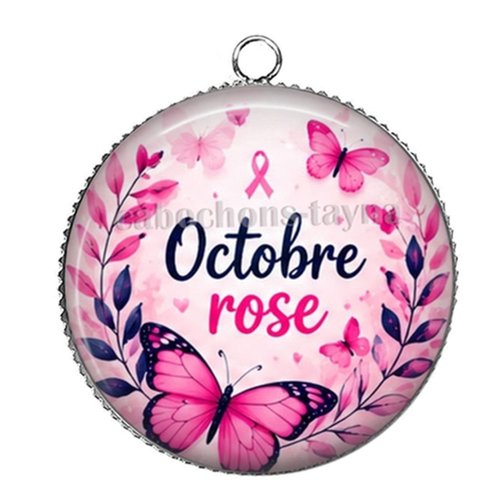 Pendentif octobre rose, pendentif cabochon 25 mm résine
