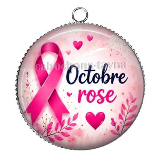 Pendentif octobre rose, pendentif cabochon 25 mm résine