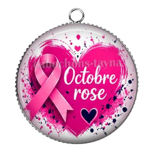 Pendentif octobre rose, pendentif cabochon 25 mm résine